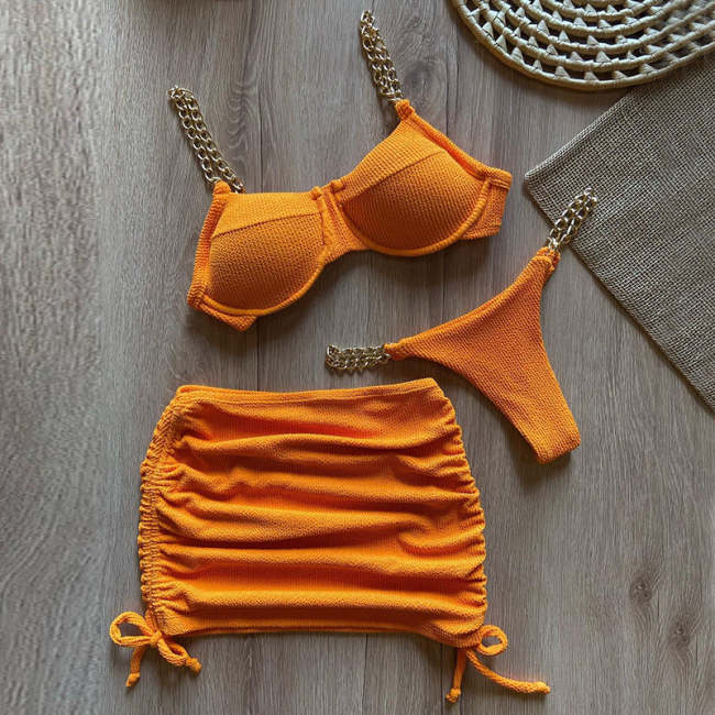 Fashion Sexy Chain Sling Split Bikini Skirt Three-piece Set