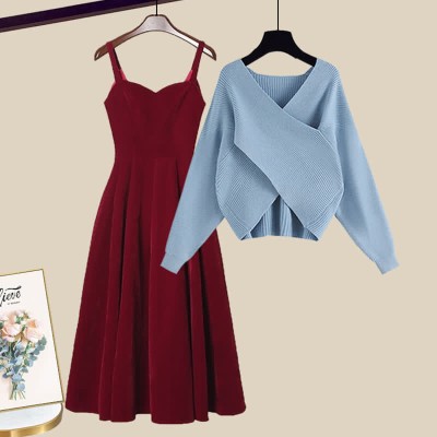 Fashion Cross Knit Sweater A-line Slip Dress