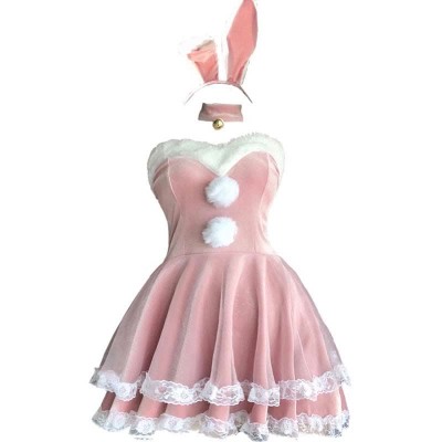 Christmas Cosplay Double Lace Fuzzy Ball Off The Shoulder Dress