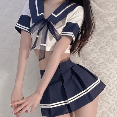 【$19.99】Uniform School Sailor Collar Bow Stripe Lingerie Skirt Set