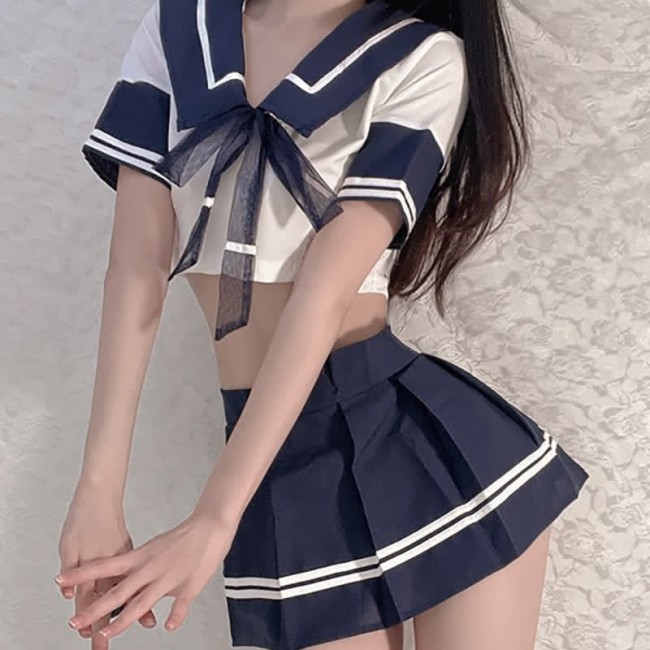 【$19.99】Uniform School Sailor Collar Bow Stripe Lingerie Skirt Set