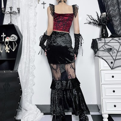 Gothic Lace Corset Top Stitching Ruffled Fishtail Skirt