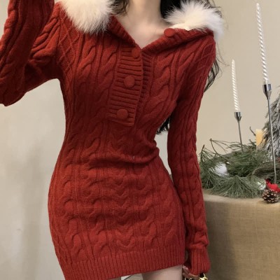 Pure Color Slim Knit Hooded Sweater Dress
