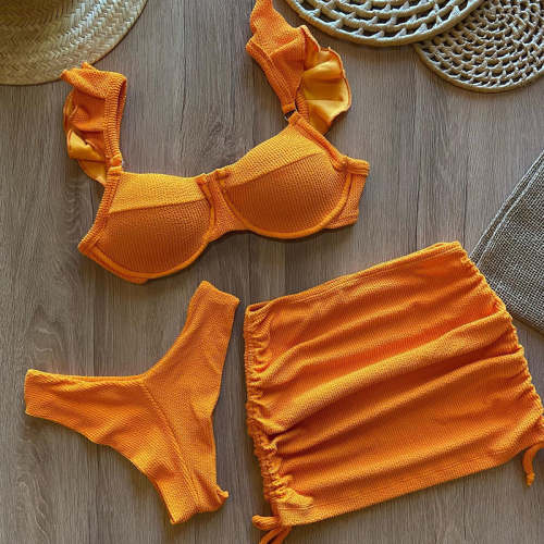 Fashion solid color fungus bikini three-piece set