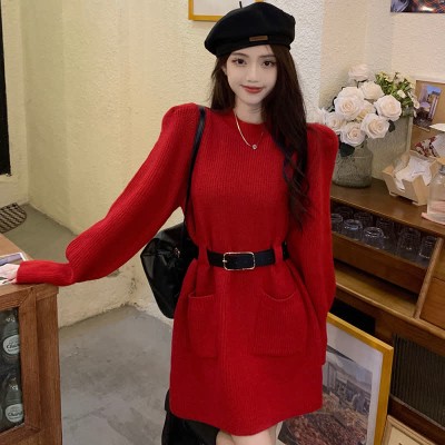 Pure Color Round Collar Belted Slim Knit Sweater Dress
