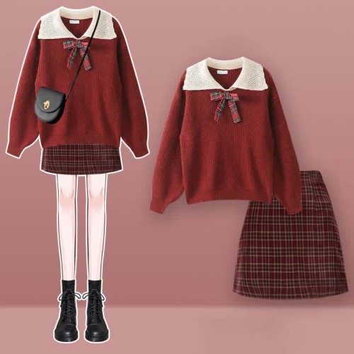Bow Knot Decor Sweater Plaid Skirt Two Pieces Set