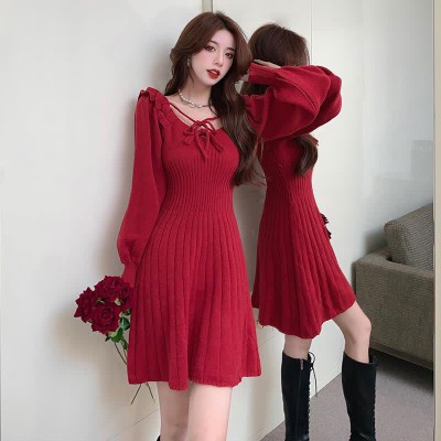 Lace Up Ruffled Pure Color Knit Sweater Dress
