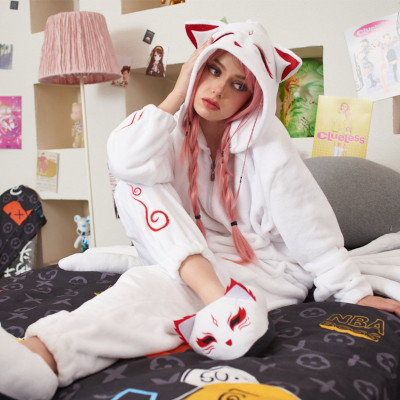 【50% OFF】Nine-tailed Fox Plush Pajamas With Slippers Hooded Winter Sleepwear