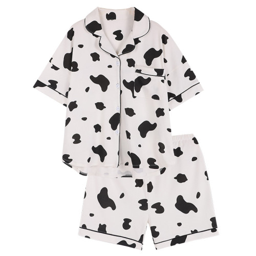 Cartoon Cow Print Pocket Casual Pajamas Set