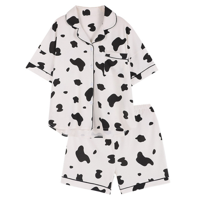Cartoon Cow Print Pocket Casual Pajamas Set