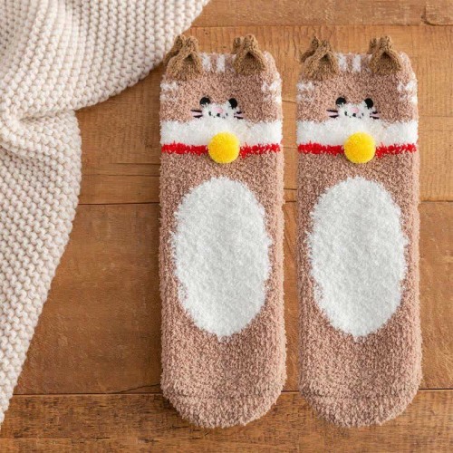 Cute Cartoon Kiity Colorblock Plush Socks Warm