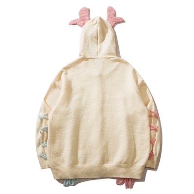 Antler Lace Up Hooded Loose Cardigan Sweater