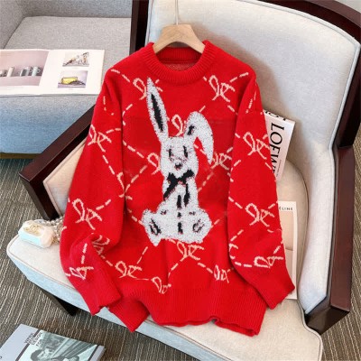 Cute Bunny Letter Print Round Collar Red Knit Sweater