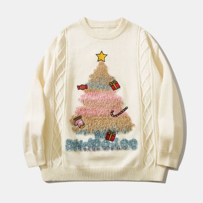 Christmas Tree Letter Print Round Collar Knit Sweater
