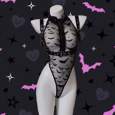 Little Devil Bat Print Mesh Jumpsuit Lingerie
