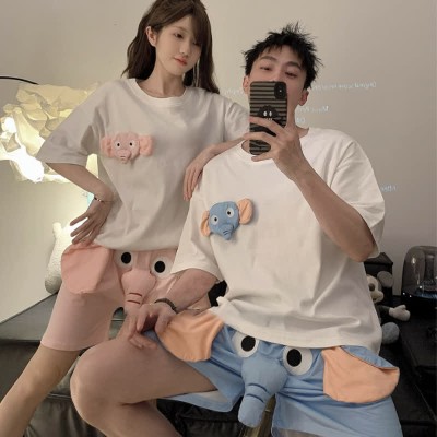 Girlfriend Boyfriend Cartoon Elephant Short Sleeve Pajamas Set