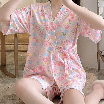 Floral Print Kimono Lace Up Pajamas Set
