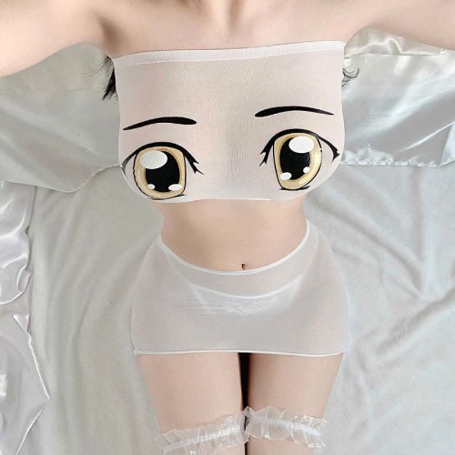 Cartoon Face Print Transparent Lingerie Stockings Set