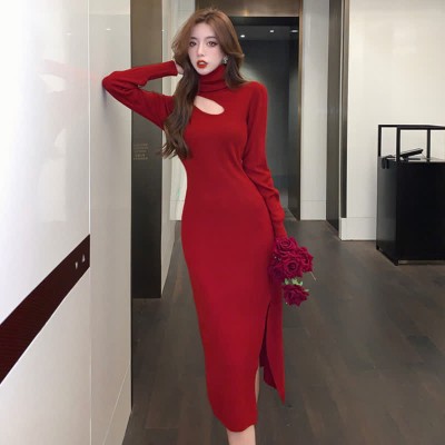 High Collar Hollow Out Pure Color Split Knit Dress