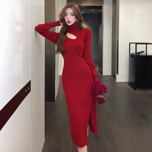 High Collar Hollow Out Pure Color Split Knit Dress