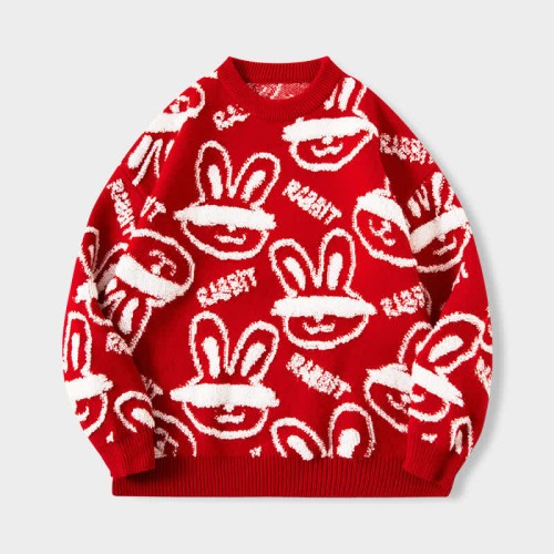 Cartoon Rabbit Letter Print Round Collar Sweater