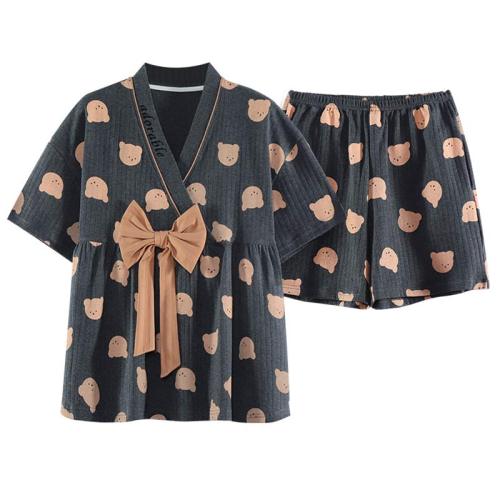 Cartoon Print Bow Knot V-neck Pajamas Set