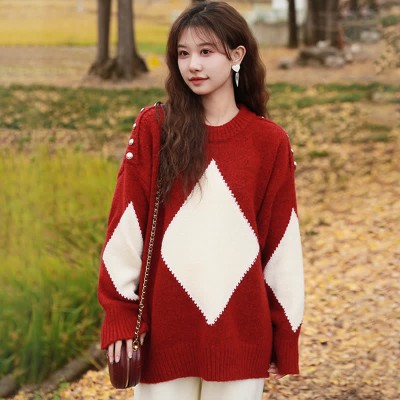 Rhombus Print Colorblock Round Collar Knit Sweater
