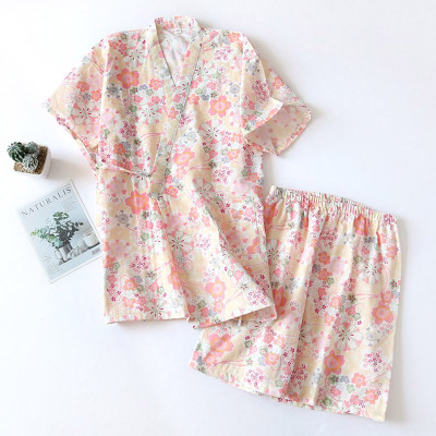 Floral Print Kimono Lace Up Pajamas Set