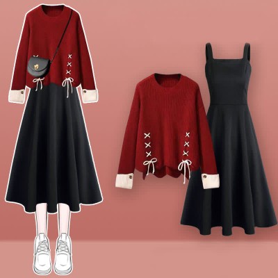 Round Collar Lace Up Knit Sweater Slip Dress Two Pieces Set