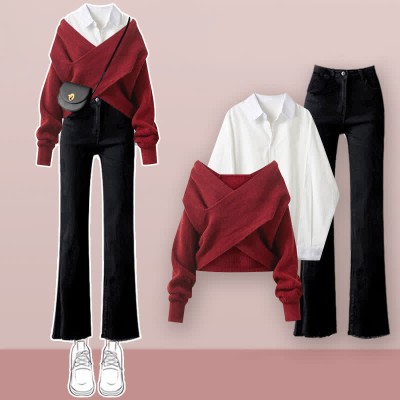 Cross Knit Sweater Lapel Shirt Flared Jeans Three Pieces