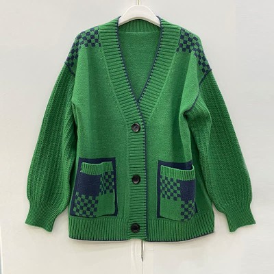 V-neck Plaid Print Colorblock Pocket Knit Sweater Cardigan