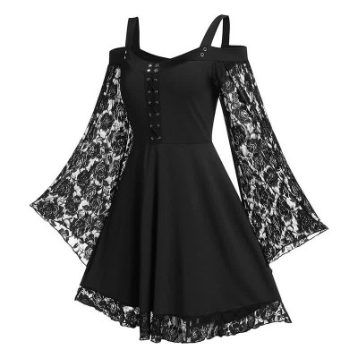 Plus Size Gothic Lace Flared Sleeve Slip Dress