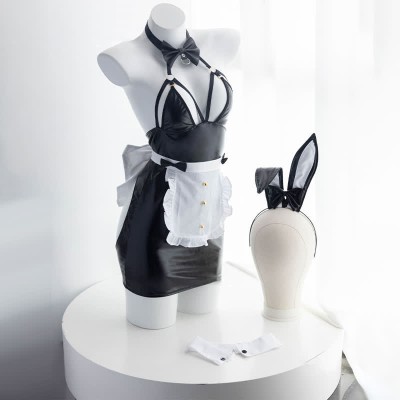 Cosplay Bunny PU Hollow Out Maid Lingeire Set