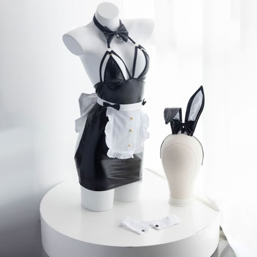 Cosplay Bunny PU Hollow Out Maid Lingeire Set