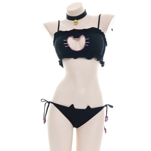 Cat Paw Print Hollow Lace-Up Lingerie Set