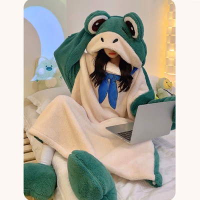 【50% OFF】Funny Cartoon Frog Plush Hooded Jumpsuit Pajamas Dress
