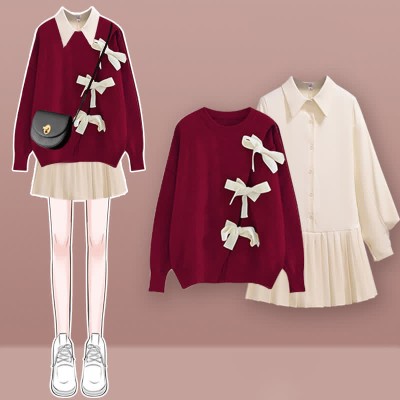 V-neck Cable Sweater Pleated Shirt Dress Two Pieces Set