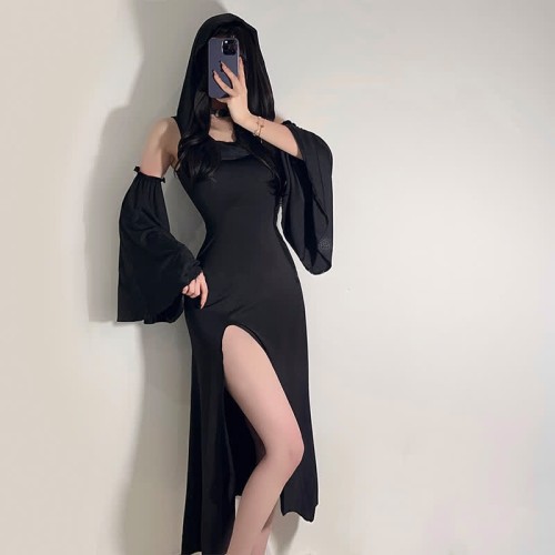 Cosplay Witch Sleeveless Hooded Split Dress