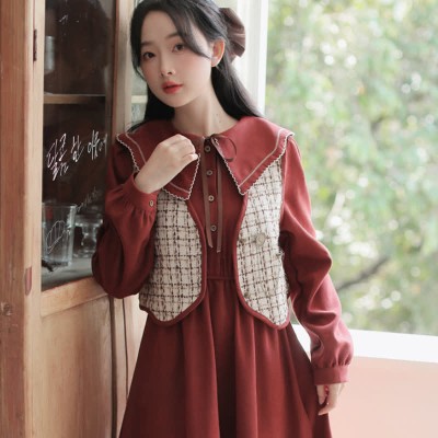 Chic Plaid Print Vest Long Sleeve Doll Collar Dress Two Pieces Set