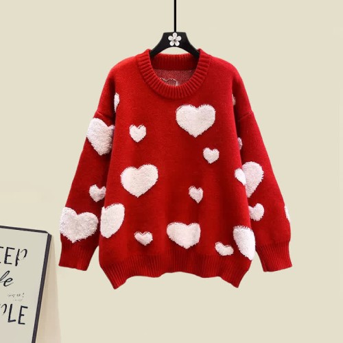 Love Heart Pattern Sweater Knit Slip Dress Two Pieces Set