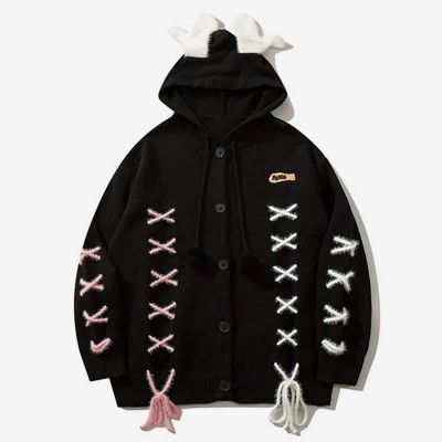 Antler Lace Up Hooded Loose Cardigan Sweater