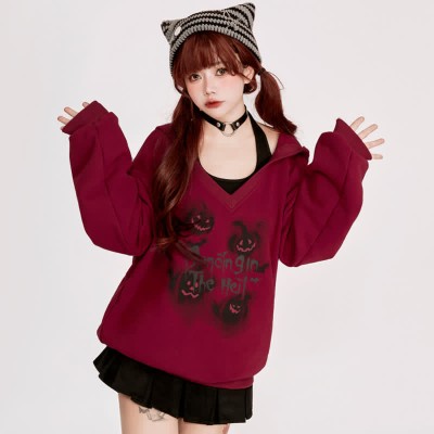 Devil Wings Letter Print Hoodie Cami Top Two Pieces Set