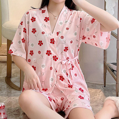 Floral Print Kimono Lace Up Pajamas Set