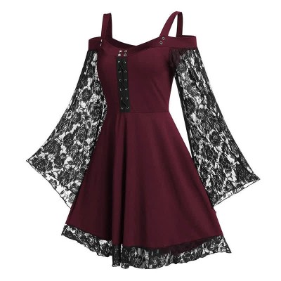 Plus Size Gothic Lace Flared Sleeve Slip Dress