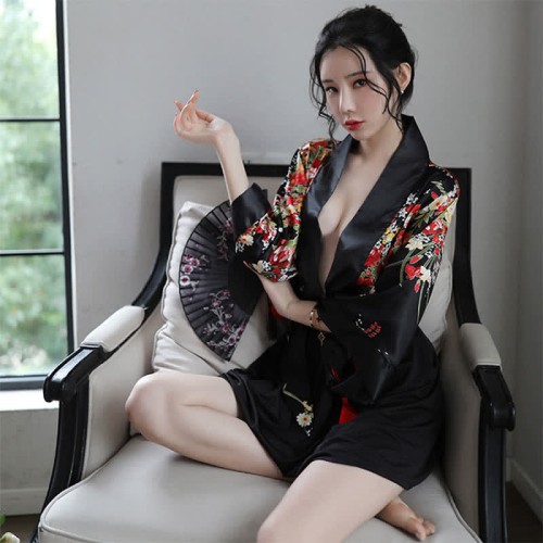 Vintage Blossom Print Tassel Sexy Kimono Lingerie Set