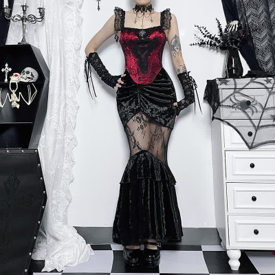Gothic Lace Corset Top Stitching Ruffled Fishtail Skirt