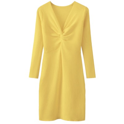 Pure Color V-neck Slim Knit Sweater Dress
