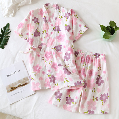 Floral Print Kimono Lace Up Pajamas Set