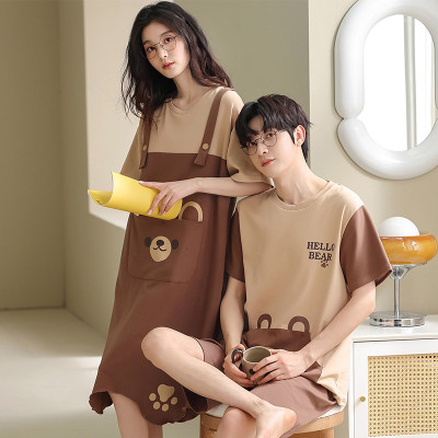 Girlfriend Boyfriend Cartoon Bear Print Colorblock Pajamas Set