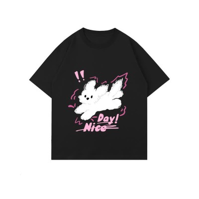 Cartoon Puppy Letter Print Round Collar Oversized T-Shirt